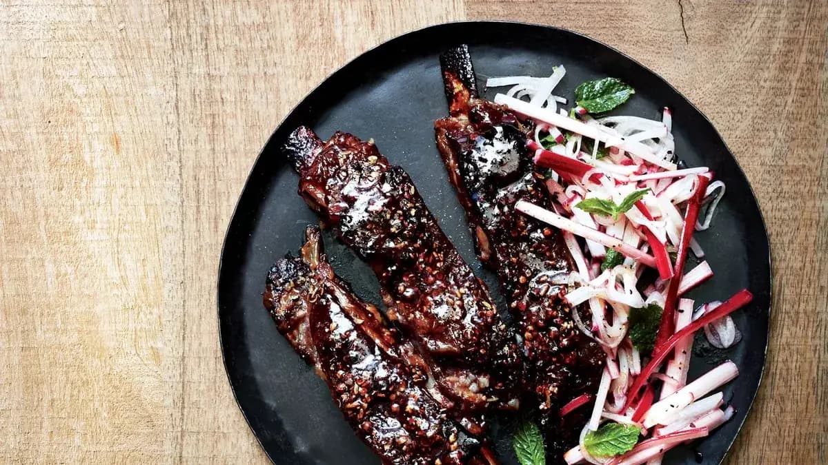 Lamb Ribs with Rhubarb and Radish Salad