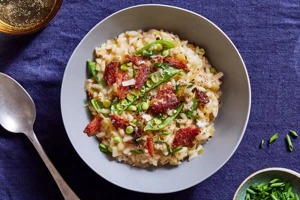 Leek Risotto with Sugar Snap Peas and Pancetta
