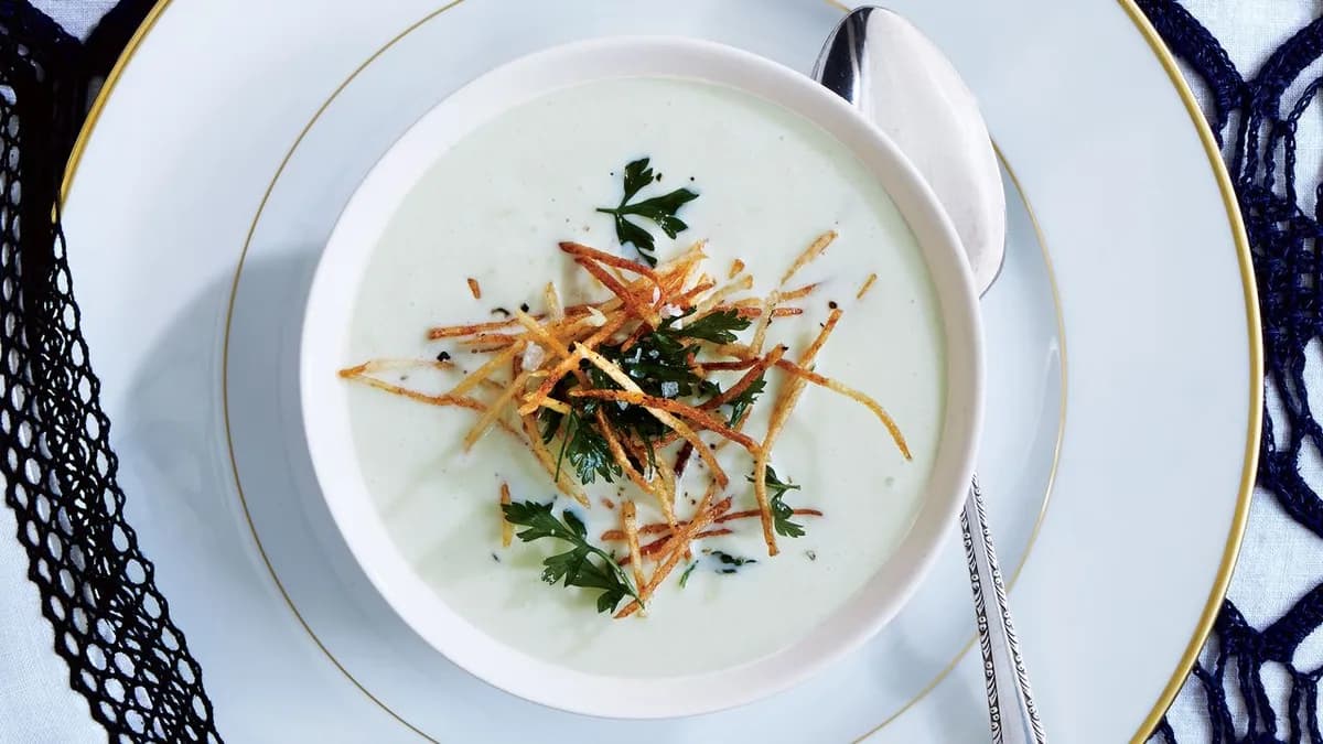 Leek Soup with Shoestring Potatoes and Fried Herbs