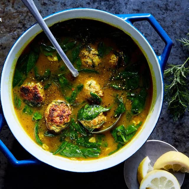 Lemony Chicken-Feta Meatball Soup with Spinach