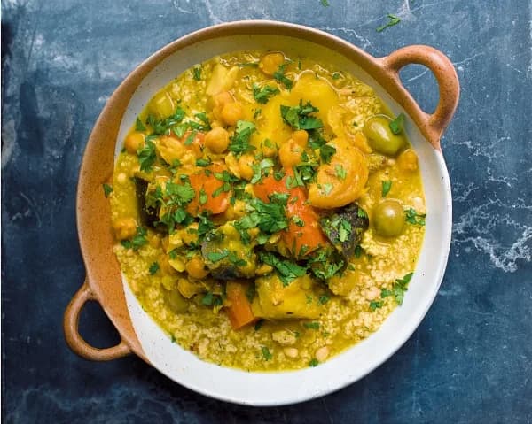 Moroccan Vegetable Pot and Couscous with Pine Nuts and Dill