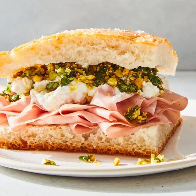 Mortadella Sandwich with Ricotta and Pistachio Pesto