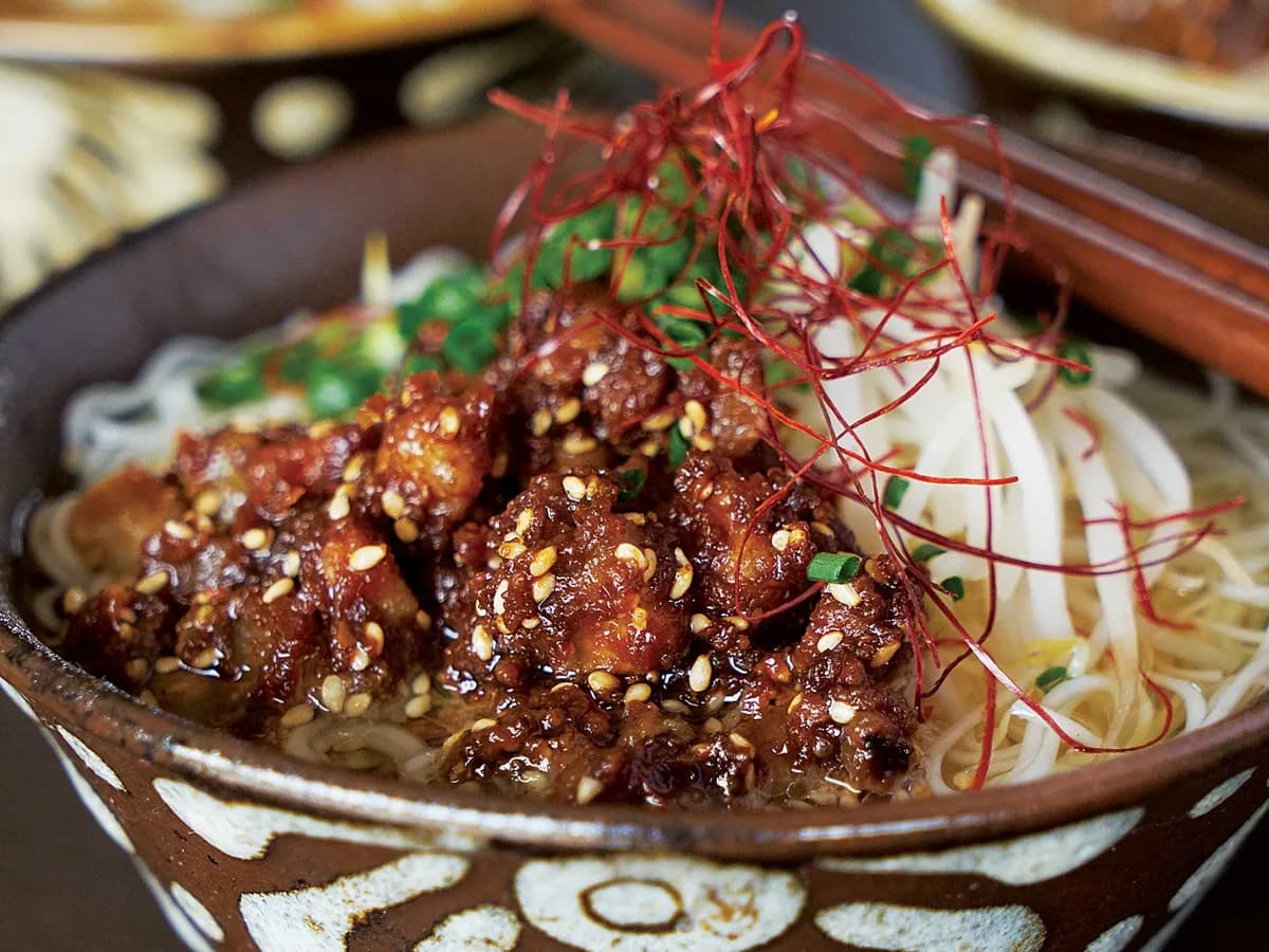 Noodles in Dashi with Miso-Coated Pork Belly