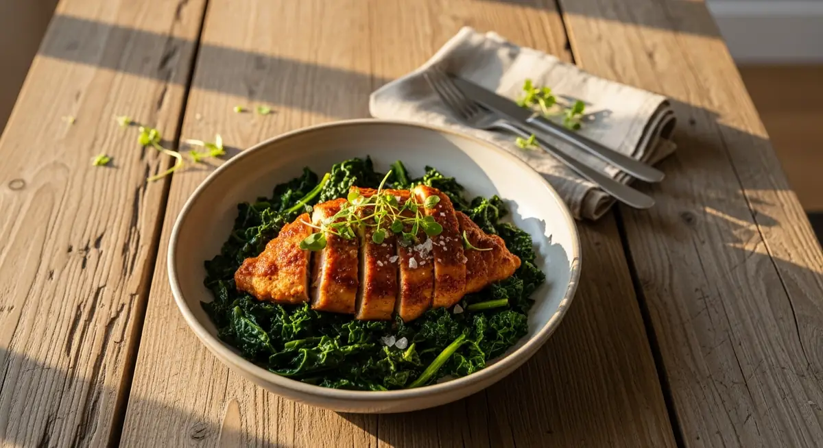 One Pot Braised Kale with Crispy Chicken