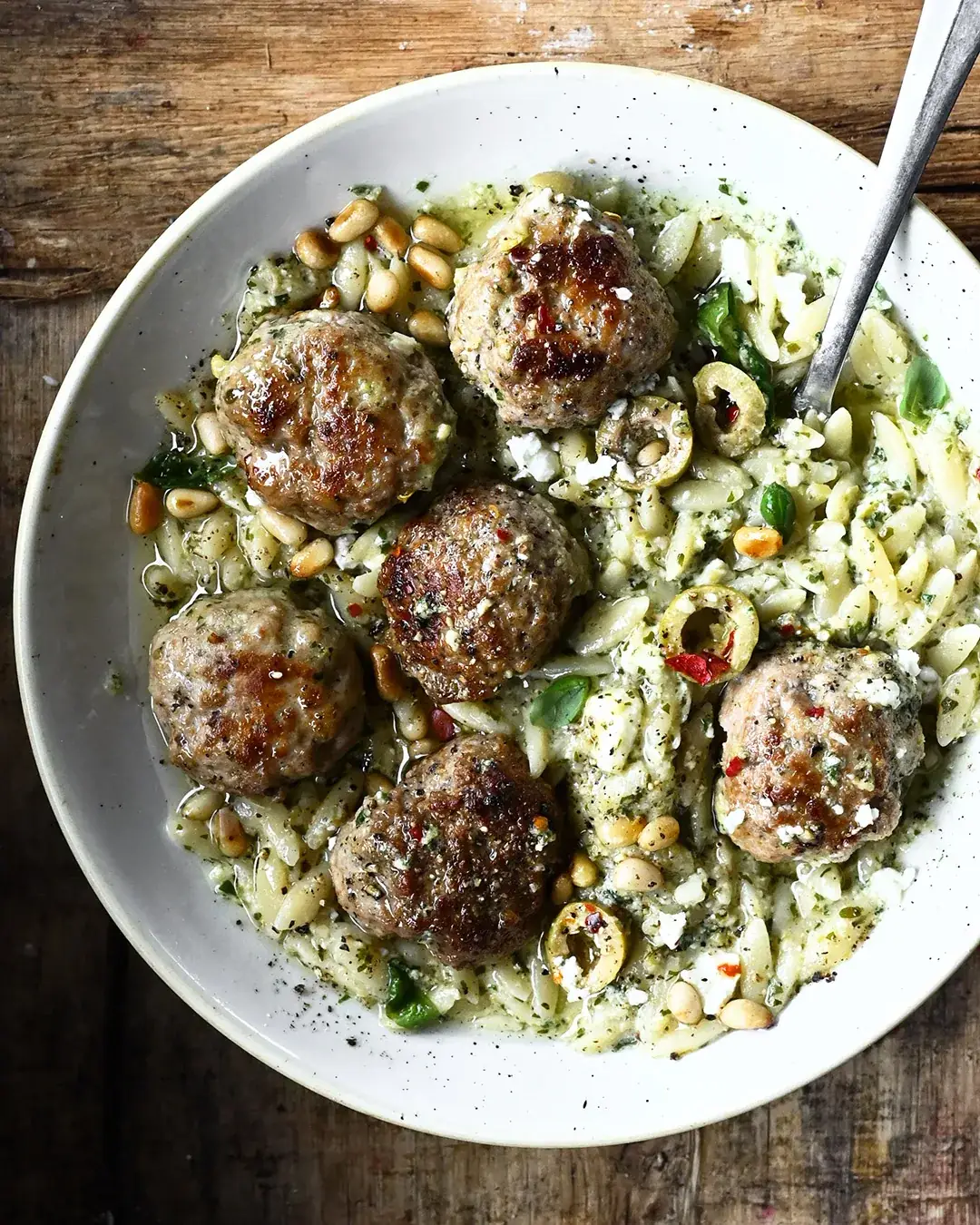 One Skillet Meatballs with Orzo and Feta Pesto