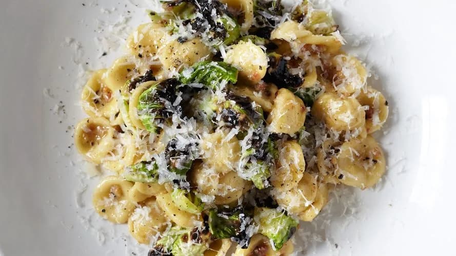 Orecchiette Carbonara with Charred Brussels Sprouts