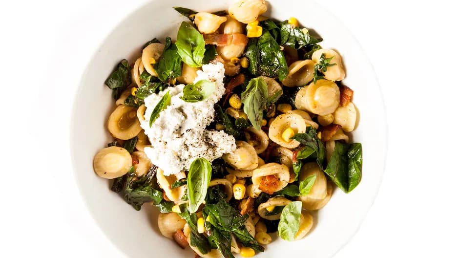 Orecchiette with Corn, Greens, and Ricotta