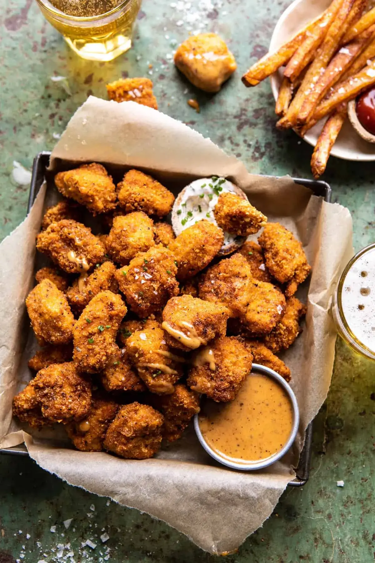Oven Fried Cajun Popcorn Chicken with Creamy Honey Mustard