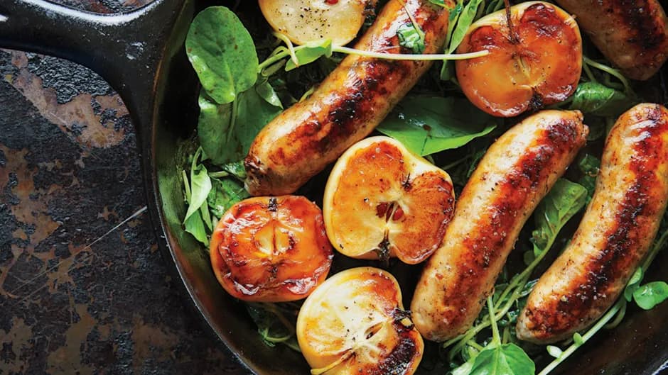 Pan-Seared Sausage with Lady Apples and Watercress