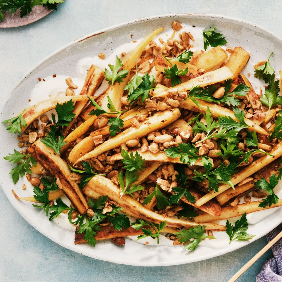 Parsnips with Spiced Peanuts and Garlic Yogurt
