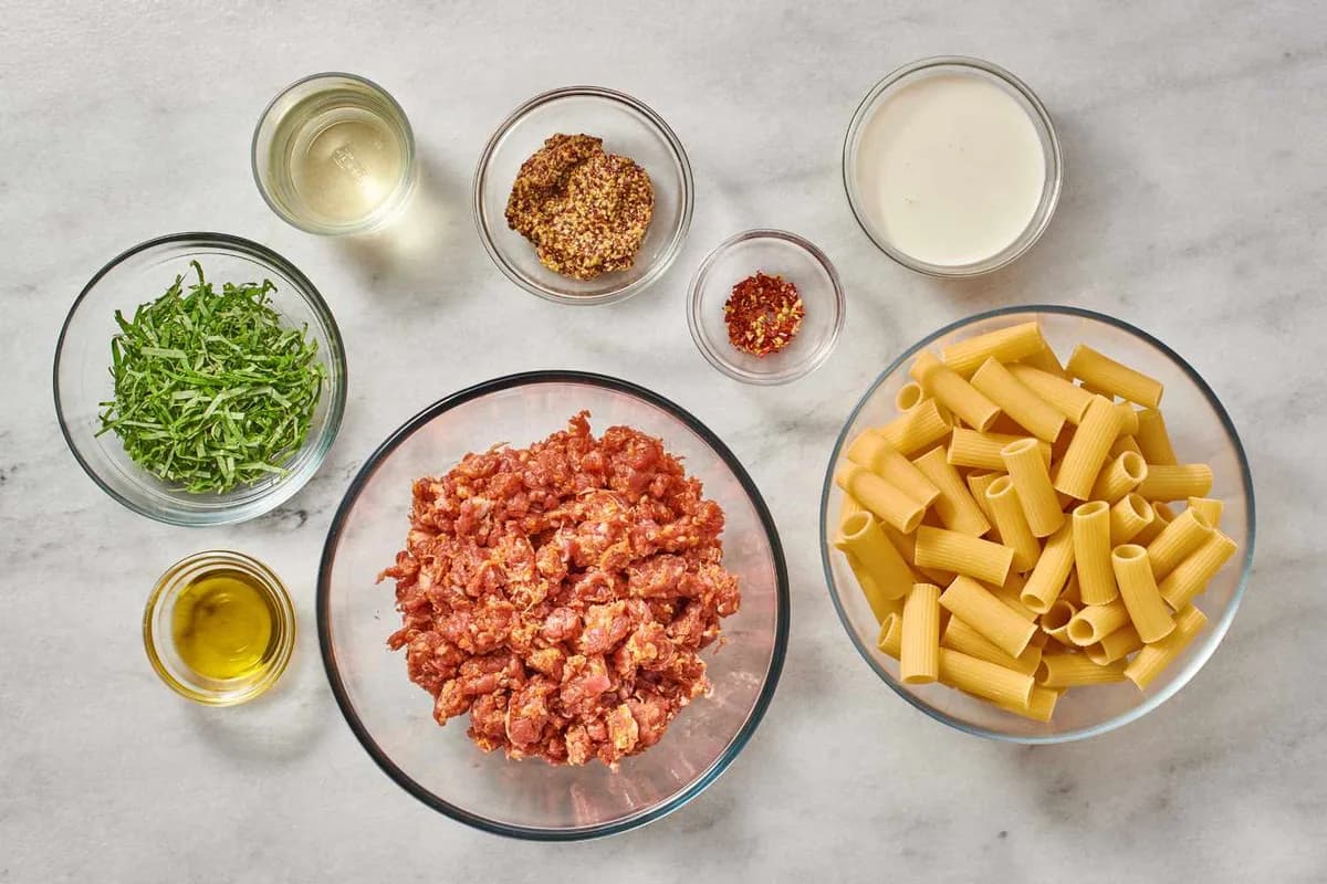 Pasta with Sausage, Basil, and Mustard