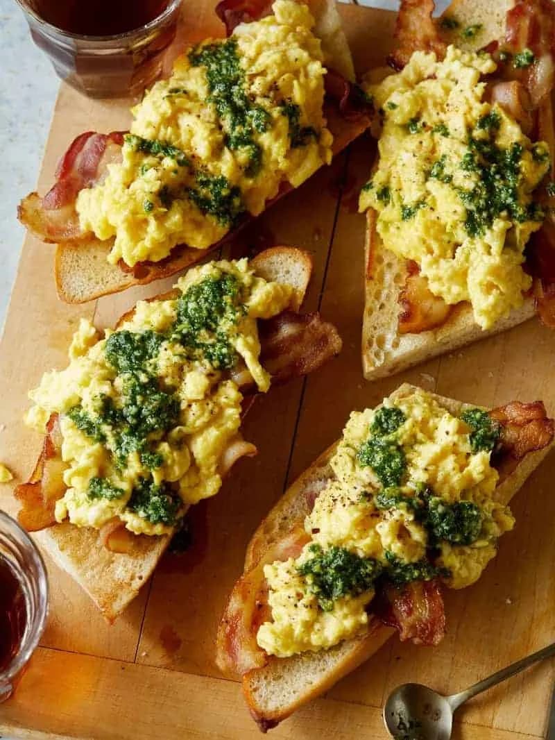 Pesto Topped Soft Scrambled Eggs with Bacon