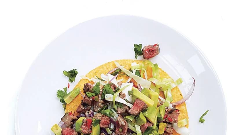 Pickled Beef Tostadas with Tomatillo Salsa