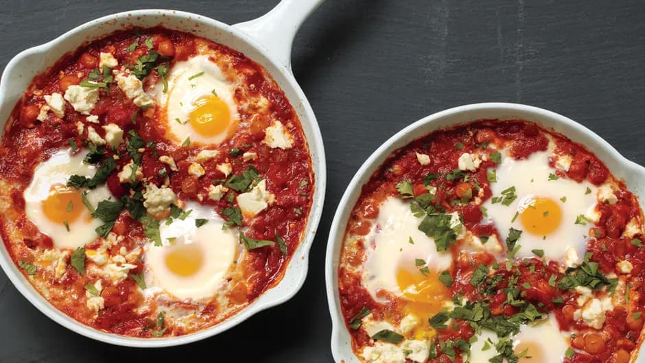 Poached Eggs in Tomato Sauce with Chickpeas and Feta