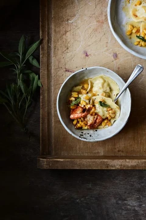 Pork and Shrimp Ravioli in a Buttery Broth