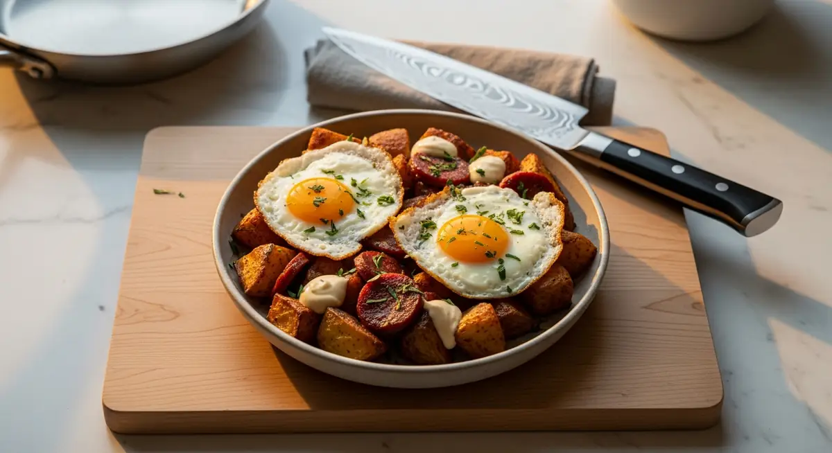 Potatoes Bravas with Chorizo, Fried Eggs and Garlic Aioli