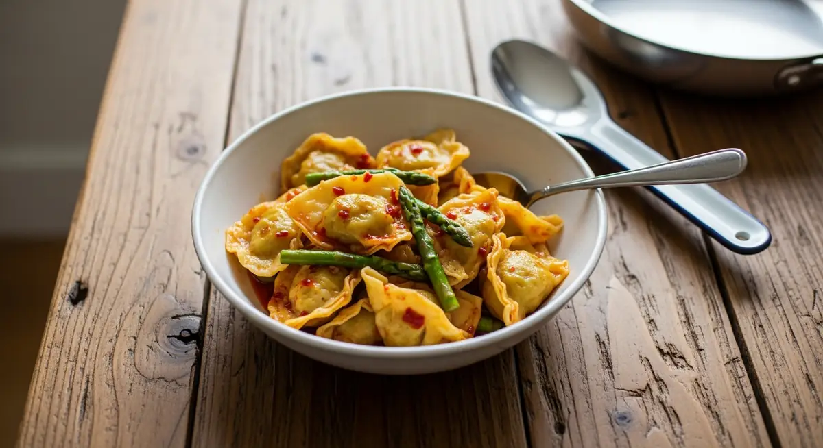 Quick Wontons in Chili Oil with Asparagus