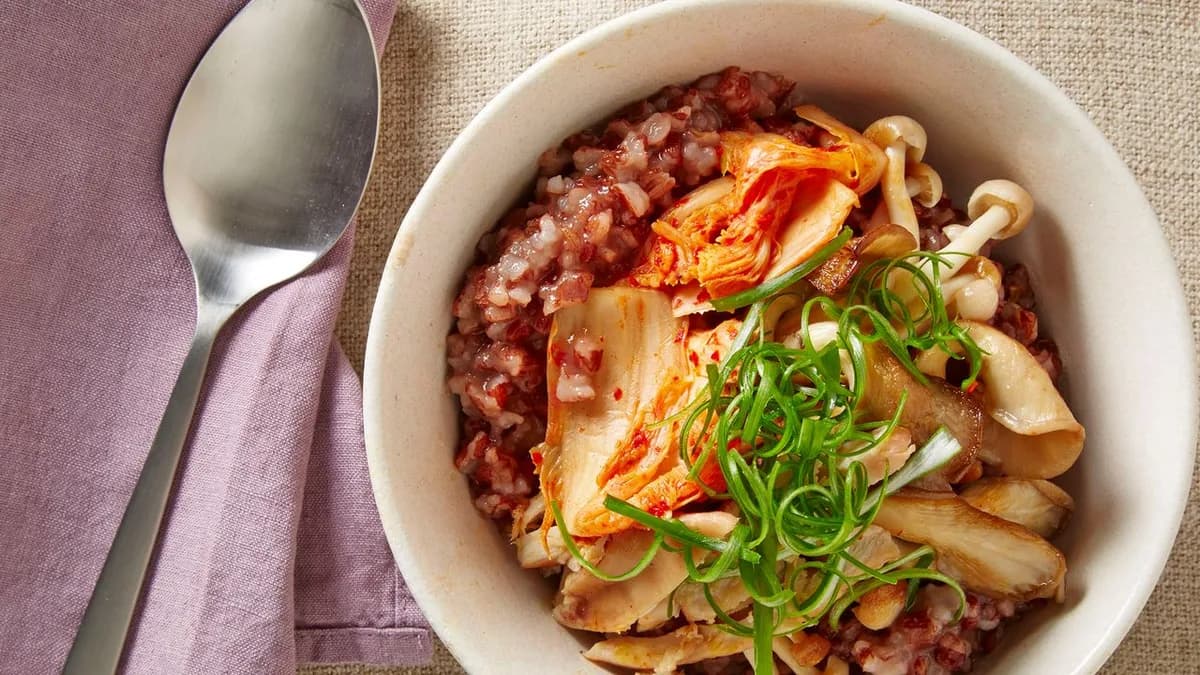 Red Rice Congee with Chicken, Kimchi, and Mushrooms