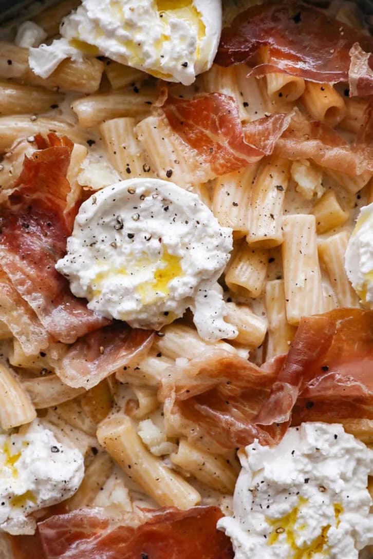 Rigatoni with Caramelized Onion, Goat Cheese and Crispy Prosciutto
