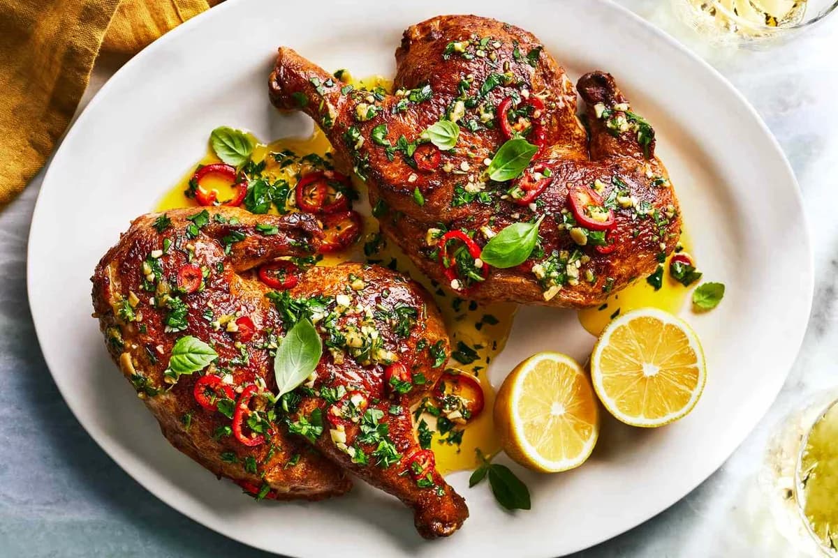 Roast Chicken with Chile-Basil Vinaigrette, Charred Broccoli, and Potatoes
