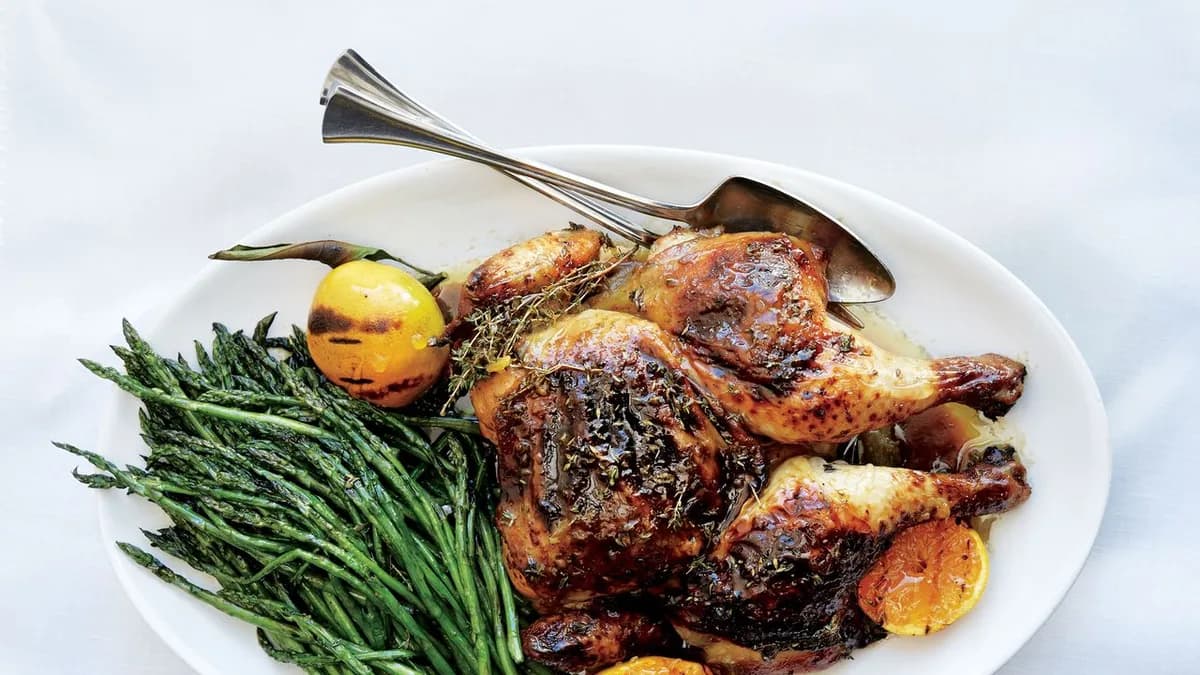 Roast Chicken with Rhubarb Butter and Asparagus