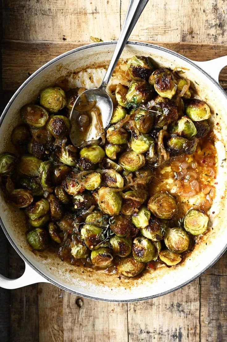 Roasted Brussels Sprouts with Beer Braised Onions