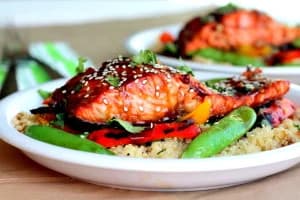 Sesame Ginger Sweet Teriyaki Salmon with Garlic Quinoa Stir-Fry
