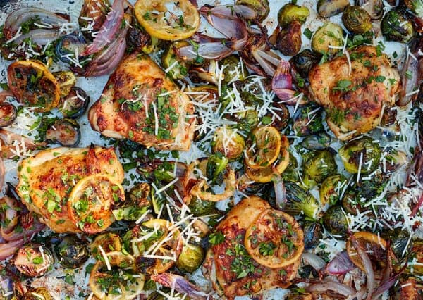 Sheet-Pan Lemony Chicken with Brussels Sprouts