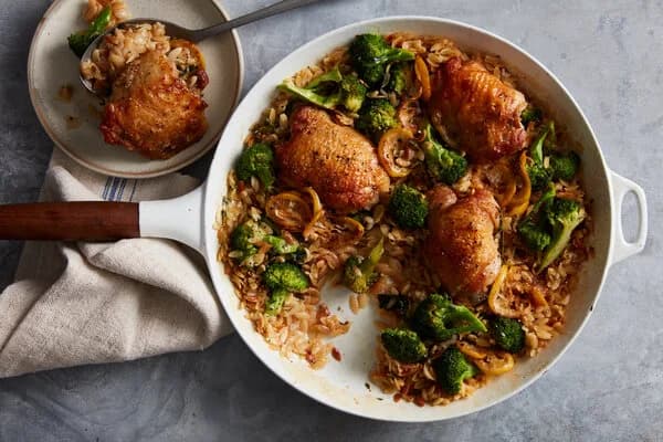 Skillet Chicken Thighs with Broccoli and Orzo