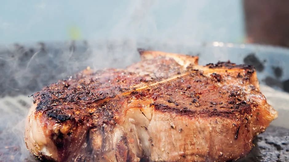 Slate-Grilled Porterhouse, Summer Vegetables, and Sourdough Bread