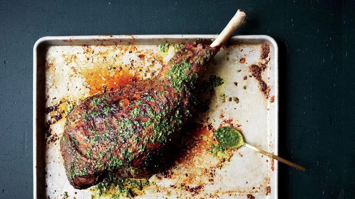 Slow-Grilled Leg of Lamb with Mint Yogurt and Salsa Verde