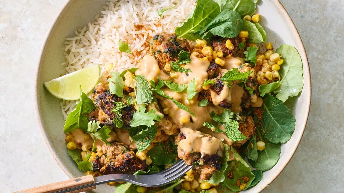 Smashed Chicken Meatballs with Suya and Charred Corn