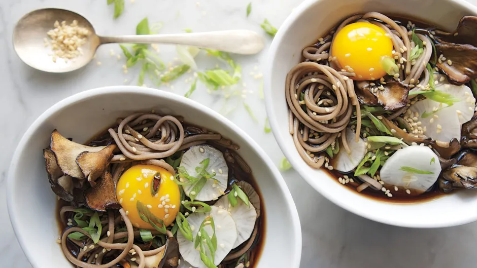 Soba and Maitake Mushrooms in Soy Broth