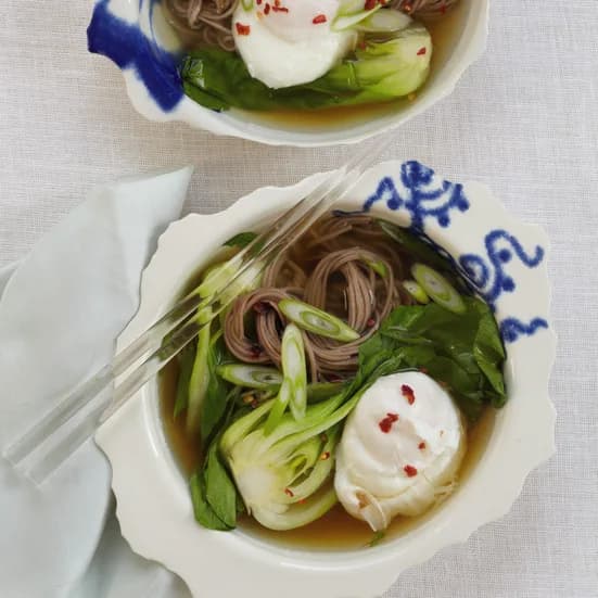 Soba Noodles with Dashi, Poached Egg and Scallions