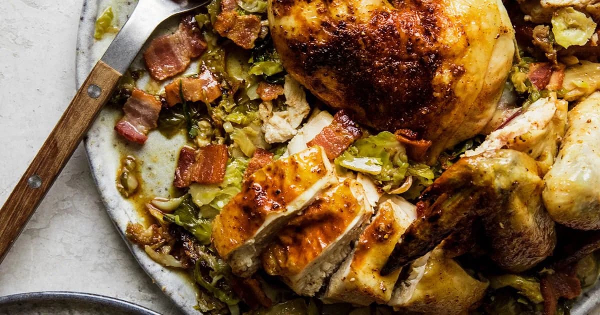 Spatchcocked Roast Chicken with Shredded Brussels Sprouts and Bacon