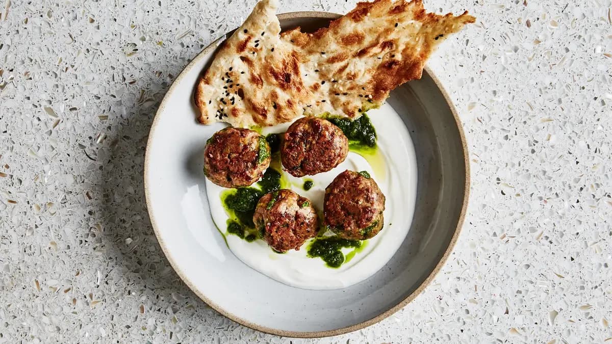 Spicy Lamb Meatballs with Raisin Pesto