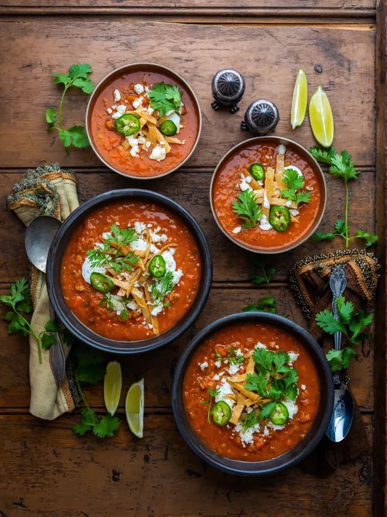 Spicy Lentil & Chorizo Soup with Fried Tortilla Strips