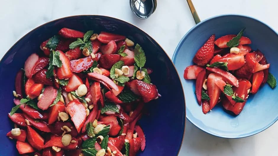 Strawberry-Rhubarb Salad with Mint and Hazelnuts