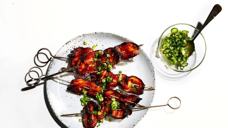 Sweet and Spicy Bacon Kebabs with Scallion-Ginger Relish