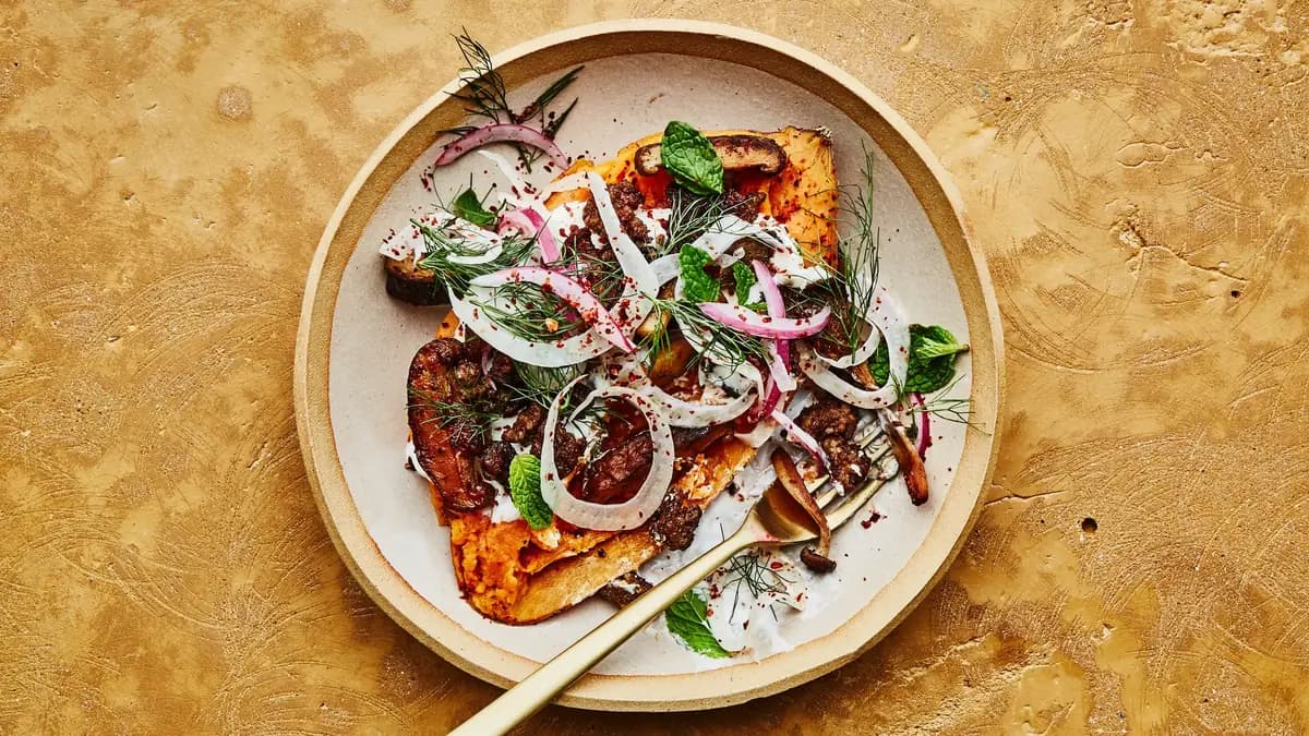 Sweet Potato Bowls with Spiced Lamb and Mushrooms