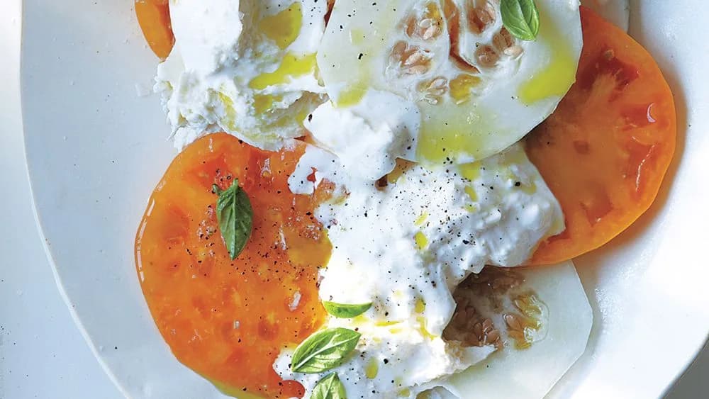 Tomato, Pickled Melon and Burrata Salad