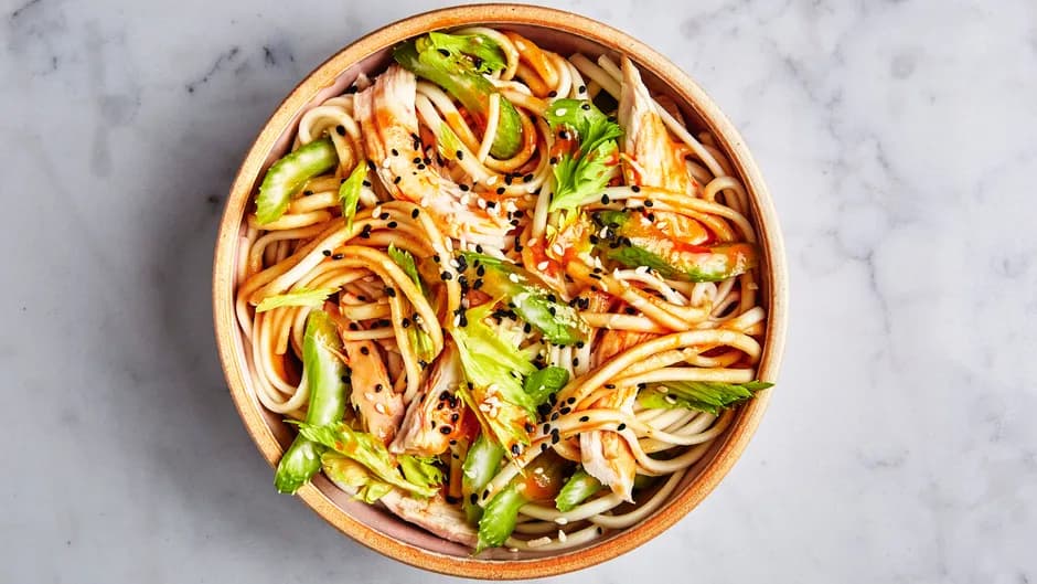 Udon with Chicken and Garlicky Peanut Dressing