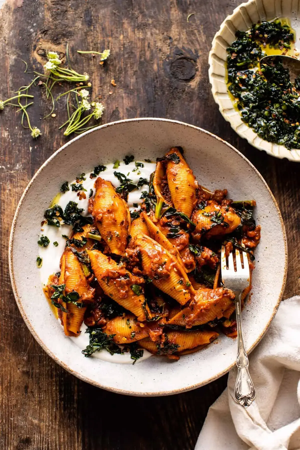 Unstuffed Spicy Tomato Basil Shells with Whipped Ricotta