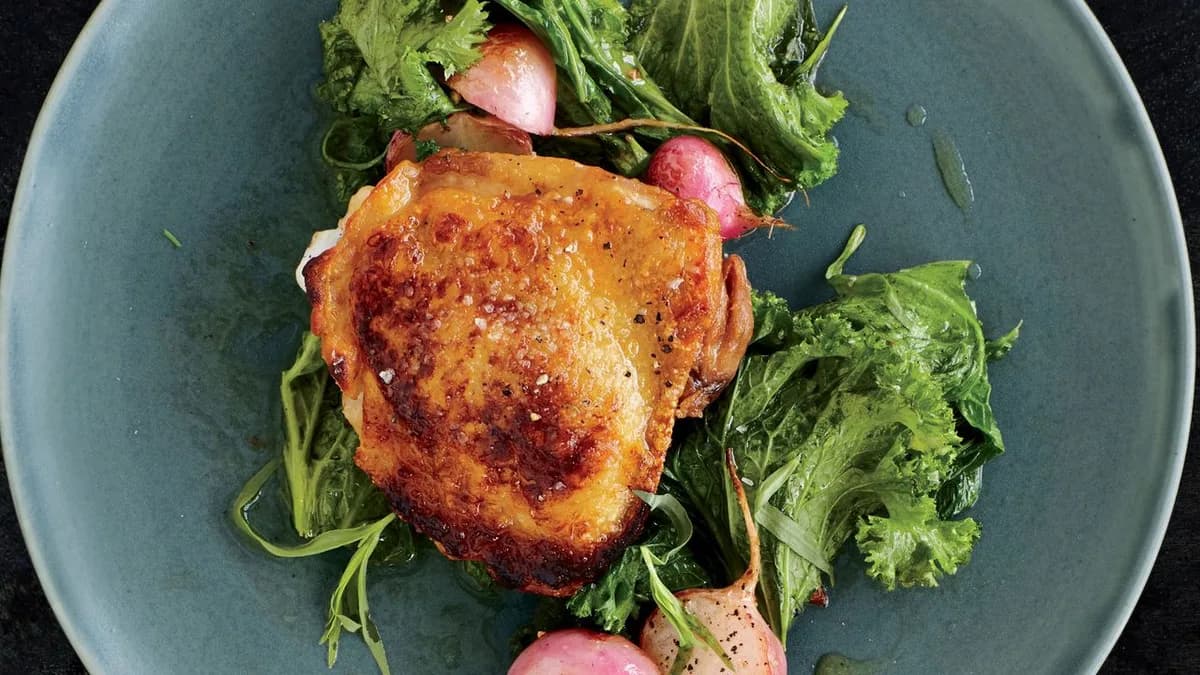 Vinegar-Marinated Chicken with Buttered Greens and Radishes